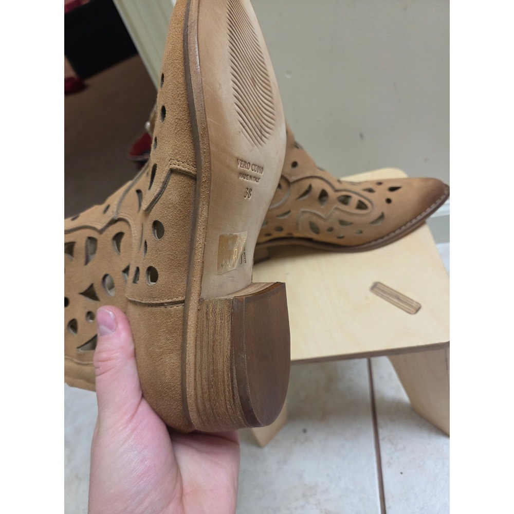 Mimmu Italy Suede Laser Cut Out Western Ankle Boots Tan Leather Size 38 - Picture 5 of 6
